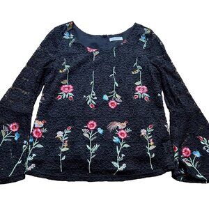 Embroidered Peasant Solitaire Size M Black Floral Lace Bell Sleeve Blouse Top